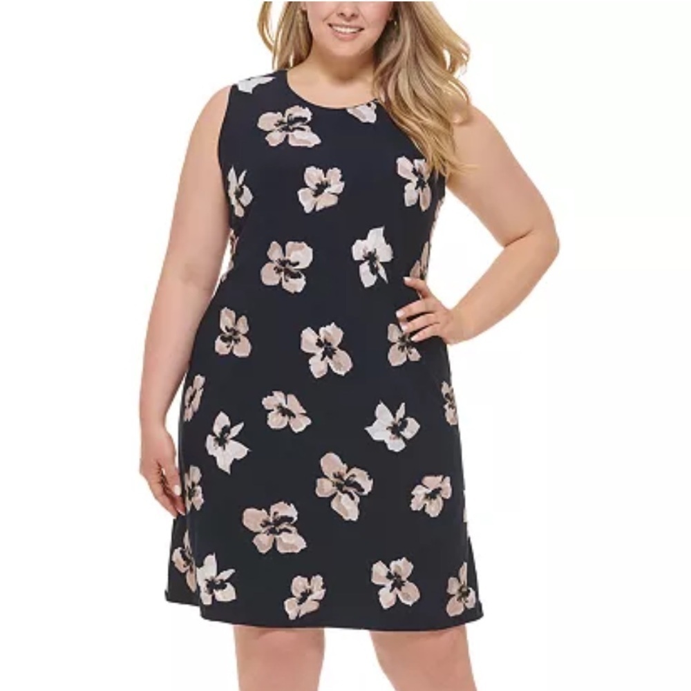 Tommy Hilfiger Printed Sleeveless Jersey Dress navy blue tan floral